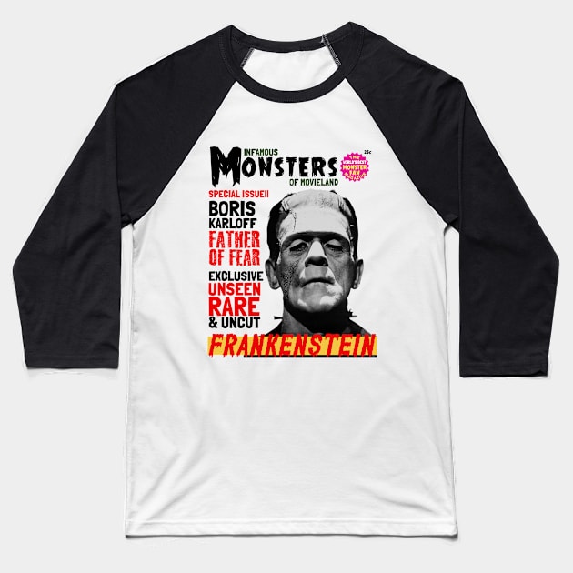 Vintage pulp horror magazine, Boris Karloff Frankenstein Baseball T-Shirt by Teessential